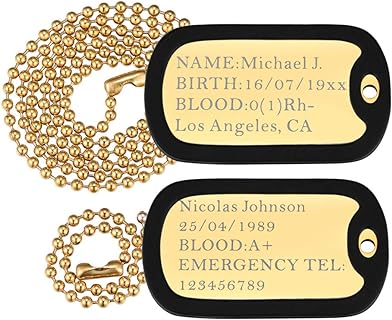 Hidden-Clasp Custom Bead Necklace with Personalized U7 Picture Pendant for Men and Women, Stainless Steel Dog Tag Design, Gold-Plated 22 Inch Chain