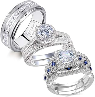 Newshe 3pcs 2.5ct Princess Engagement Wedding Ring Set and 2.4cttw 925 Sterling Silver Wedding Rings & Mens Tungsten Bands White Cz Blue Size 7