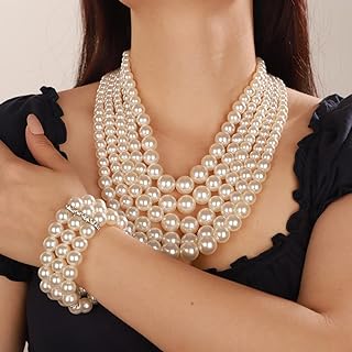 Vintage 1920s Pearl Necklace Big Round Pearl Choker Necklace Wedding 5 Layers Multi Strand Pearl Necklace Chunky Faux Pearl Costume Jewelry for Women and Girls