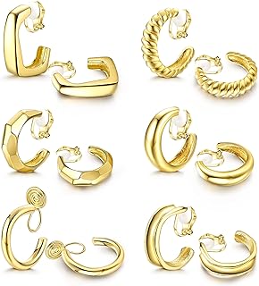 UBGICIG 6Pairs Gold Clip on Hoop Earrings For Women Fashion Clip on Earrings For Egirls Gold Chunky Hoop Earrings No Piercing Fake Earrings Set