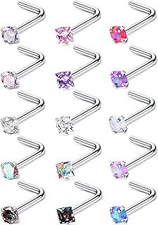 MILACOLATO Hypoallergenic Nose Rings 15Pcs 18G 20G Surgical Stainless Steel Nose Rings Studs L Shaped Screw Studs Rings Cubic Zirconia Nose Ring Labret Lip Nose Piercing Jewelry for Women Men