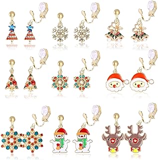 FIBO STEEL 9 Pairs Clip On Christmas Earrings for Women Tree Snowflakes Santa Claus Elk Snowman Bells No Piercing Clip-On Christmas Dangle Drop Earrings
