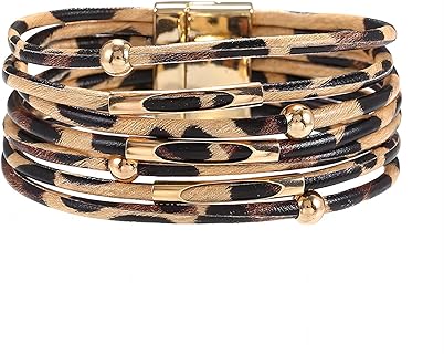 Layered Leather Bracelet, Boho Leopard Multi-Layer Bracelet Leather Cuff Bangle Gold Beaded Stackable Infinity Bracelets Jewelry
