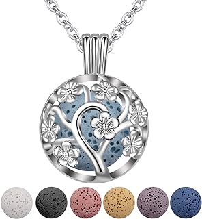 INFUSEU Essential Oil Bead Necklace in Silver Metal with 24" Link Chain, Sakura Tree Design, Ideal Aromatherapy Gift for Serenity Seekers