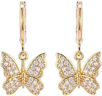 INENIMARTJ Charm Butterfly Hoop Earrings,14K Gold Silver Crystal Butterfly Drop Dangle Earrings for Women Teen Girls