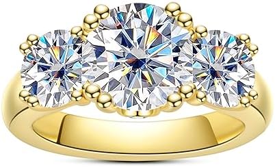 Total 5cttw Center Moissanite Engagement 3 Stone Rings D Color VVS1 Round Cut 14K Yellow Gold Plated 925 Sterling Silver Promise Anniversary Rings for Wome