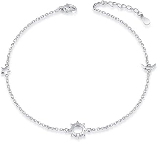 Sterling Silver Moon Anklet with Box Chain and Lobster Claw Clasp, Adjustable Jewelry for Women, Features Heart, Universe, and Floral Designs