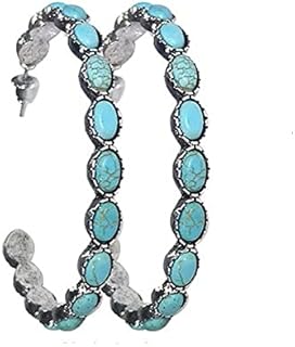 Natural Turquoise Dangle Metal Large Oval Earrings Vintage Statement Teardrop Earrings Bohemian Delicate Cowgirl Hoop Earrings for Women Girls-F