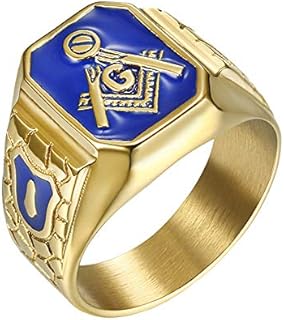 Gold Plated Men's Freemason Wedding Ring in Stainless Steel with Blue G Lodge Master Mason Symbol, Ideal Gift for Husbands/Partners