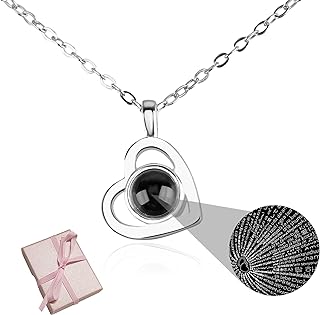 Personalized Photo Pendant Necklace with Cable Chain; "I Love You" in 100 Languages, Heart Shape; Silver, for Her, Women, Wife, Mom, Girlfriend, Daughter - Anniversary, Valentine's, Mother's Day Gift