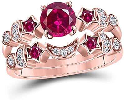 Moon Star Style Wedding Band Bridal Set 1.75 tcw CZ Ruby & Cubic Zirconia Round Engagement Ring Set Size 4 to 11