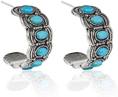Natural Turquoise Dangle Metal Large Oval Earrings Vintage Statement Teardrop Earrings Bohemian Delicate Cowgirl Hoop Earrings for Women Girls (R)