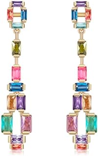 Crystal Dangle Drop Earrings for Women Multicolor Long Crystal Chandelier Iridescence Cubic Zirconia Square Statement Drop Earrings for women