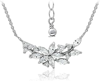 Spring Ring Clasp Sterling Silver Marquise Pendant Necklace with Cable Chain and Cubic Zirconia for Women, Flower Petal Design