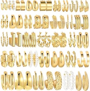 Hypoallergenic Chunky Gold Hoop Earrings Set: 36 Pairs, Mixed Styles for Women & Girls - Pearl Chain & Twisted Design Fashion Jewelry Gift