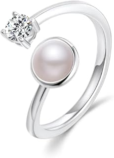 Silver Pearl Rings for Women and Girls, Cubic Zirconia Open Wrap Ring, 14K White Gold Statement Minimalist Wedding Engagement Valentine's Day Gift