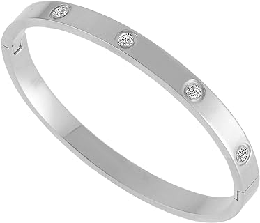 Lobster Claw Clasp Cubic Zirconia Stainless Steel Bangle Bracelet, Box Chain Design, Elegant Gift for Women, Oval Shape