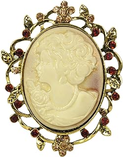 Gyn&Joy Womens Antique Gold Tone Topaz Rhinestones Flower Lady Cameo Brooch Pin