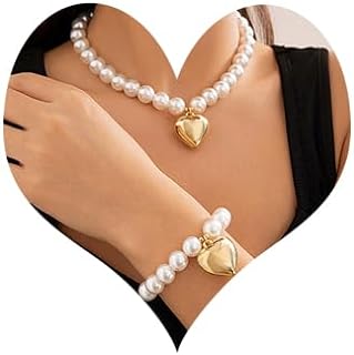 Chunky Heart Beads Pendant Necklace Bracelet Set Gold Silver Pearls Beads Choker Necklace Heart Pendant Necklace Pearl Beads Choker Necklace Statement Necklace for Party Wedding
