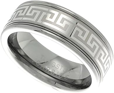 Sabrina Silver Tungsten Carbide 8mm Flat Wedding Band Ring Greek Key Pattern Grooved Edges, sizes 9-12