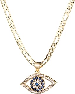 Gold Plated Evil Eye Pendant Necklace with Cubic Zirconia Inlay for Women: Figaro Chain & Lobster Clasp Design, 18/22 Inches