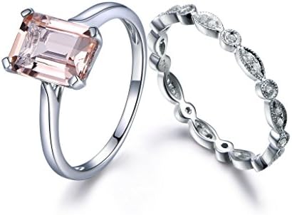 Emerald Cut Diamond and Morganite Engagement Ring Set in Rose Gold for Women, Elegant Solitaire and Eternity Band Design