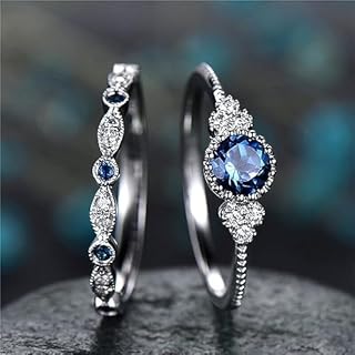 Montana Sapphire Wedding Ring Set with Sterling Silver Metal and Cubic Zirconia Gems Round Design for Women