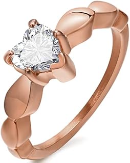 Stainless Steel Clasp, Rose Gold Heart-Shaped Engagement Ring with Cubic Zirconia, Perfect for Weddings and Proposals, Timeless Heart/Solitaire Design