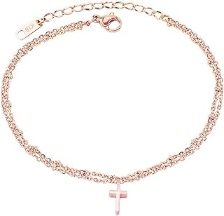 Rose Gold Ankle Bracelets for Women - Adjustable Dainty Layered Cross Anklet in RoseGold Perfect for Teen Girls,Ladies - Fashion Stainless Steel Layered Link Foot Jewellery