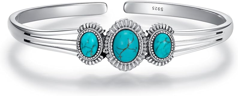 Turquoise Bangle Bracelet for Women 925 Sterling Silver Genuine Turquoise Gemstone Cuff Bangles Vintage Bohemian Jewelry Gifts for Wife Girlfriend