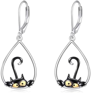 Black Cat Drop Dangle Earrings 925 Sterling Silver Lever Back Cat Jewelry for Girls Women Christmas Gifts
