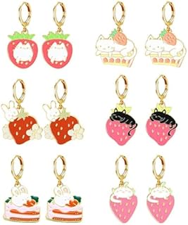 French Wire Hello Kitty Hoop Earrings, Zinc Material with Fruity & Cartoon Animal Design for Women and Girls, Adorable Strawberry, Cat, Rabbit Shapes - Set of 6 Pairs