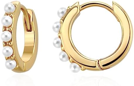 Sterling Silver Snap-Back Brass Pearl Hoop Earrings for Women with Dainty Design