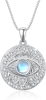 Sterling Silver Cable-Chain Evil Eye Pendant Necklace with Moonstone Centerpiece - Hypoallergenic Amulet Jewelry Gift for Women, Men, Girls, Boys - Unique Coin Design Protection Charm