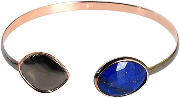 Lapis Lazuli Gemstone 925 Sterling Silver Rose Gold Plated Cuff Bangle Handmade Artisan Jewelry Gift For Her
