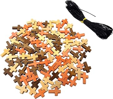 Honbay 100PCS Wooden Small Cross Charms Pendant Wood Cross Beads Ornaments Decoration with Cord for Party Favors School Craft Easter Eid Mubarak Ramadan (3 Color)