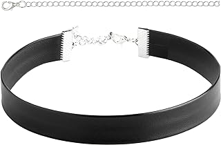90's Goth Chic Black Leather Choker Necklace with Stainless Steel C-Link Chain and Lobster Claw Clasp for Women