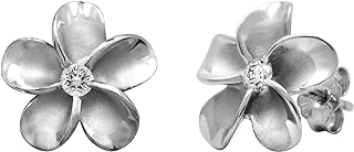 Sterling Silver Plumeria Flower Stud Earrings, 12mm Cubic Zirconia Gem, Push Back Clasp for Women, Impeccable Nature Inspired Design by Honolulu Jewelry Company