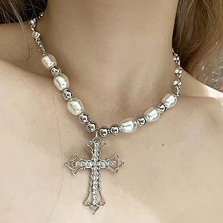 Celtic Rhinestone Cross Necklace Silver Vintage Y2k Pearl Cross Long Pendant Necklace Beaded Bling Choker Necklace Jewelry for Women and Girls
