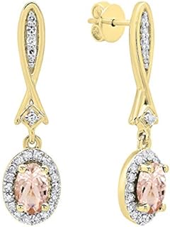 Dazzlingrock Collection Women's 18K Yellow Gold Earrings with Oval Morganite and Round White Diamond, Dangling Drop Design with Push Back Finding
