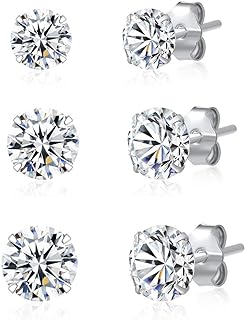 SILBERTALE 3 Pairs 925 Sterling Silver Cubic Zirconia Stud Earrings Set 3-8mm for Men Women