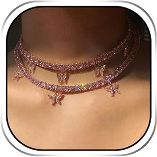 Tennis Chain Butterfly Choker Necklace with Lobster Clasp, Sparkly Rhinestone Accents for Women and Girls, Elegant Pink Design