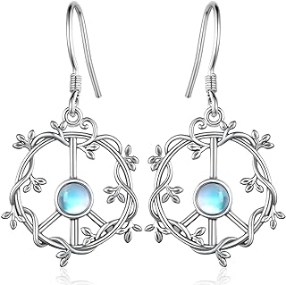 Moonstone Peace Symbol Stud Earrings with French Wire Back Finding for Women and Girls, Dangle Design, Sterling Silver