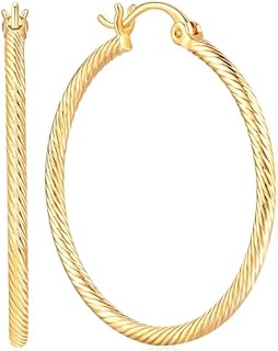 SPOINT 14K Gold Women's Hoop Earrings with Latch Back - Large, Round Twist Design Jewelry