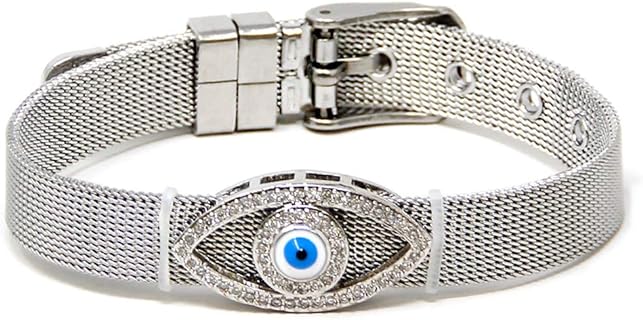 Buckle Clasp Evil Eye Bangle Bracelet with Mesh Chain and Clear Rhinestones for Women, Stainless Steel Charm Design