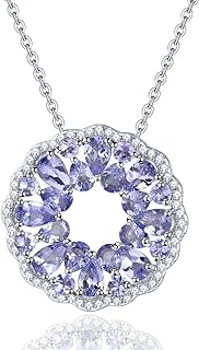 Pendant Necklace for Women Girls S925 Sterling Silver Real Genuine Natural Gemstone Aquamarine Tanzanite Elegant Flower Style Birthstone Charm Women's Fine Jewelry for Her
