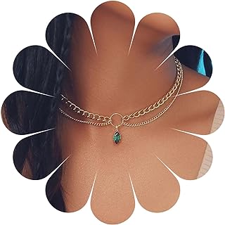 Boho Layered Emerald Necklace Choker Vintage Green Crystal Necklace Teardrop Emerald Gemstone Choker Necklace Gold Curb Chain Necklace Jewelry for Women and Girls