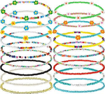 XIJIN 18 Pieces Elastic Beaded Anklets for Women Girls Handmade Beach Boho Colorful Beads Ankle Bracelets Set