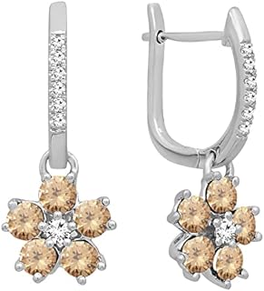 Dazzlingrock Collection 14K Round Blue Sapphire & Diamond Ladies Cluster Flower Dangling Drop Earrings, White Gold