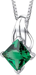 PEORA Simulated Emerald Signature Solitaire Pendant Necklace for Women 925 Sterling Silver, 2 Carats Princess Cut 9mm, with 18 inch Chain